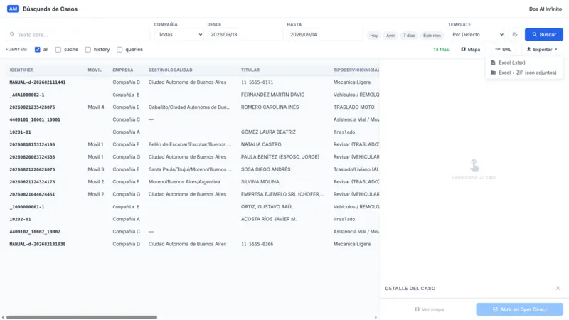 Búsqueda de casos: Casos activos e históricos, con exportación a Excel.