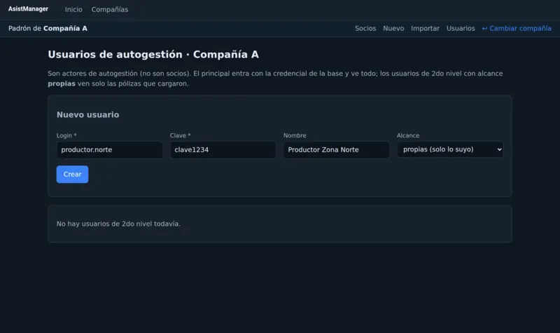 Productores de seguro: Usuarios de autogestión que ven solo lo que cargaron.