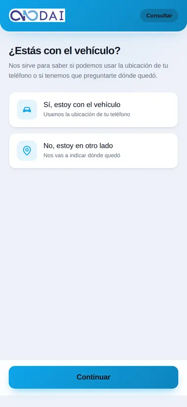 El socio pide asistencia: Paso a paso, una pregunta por pantalla.